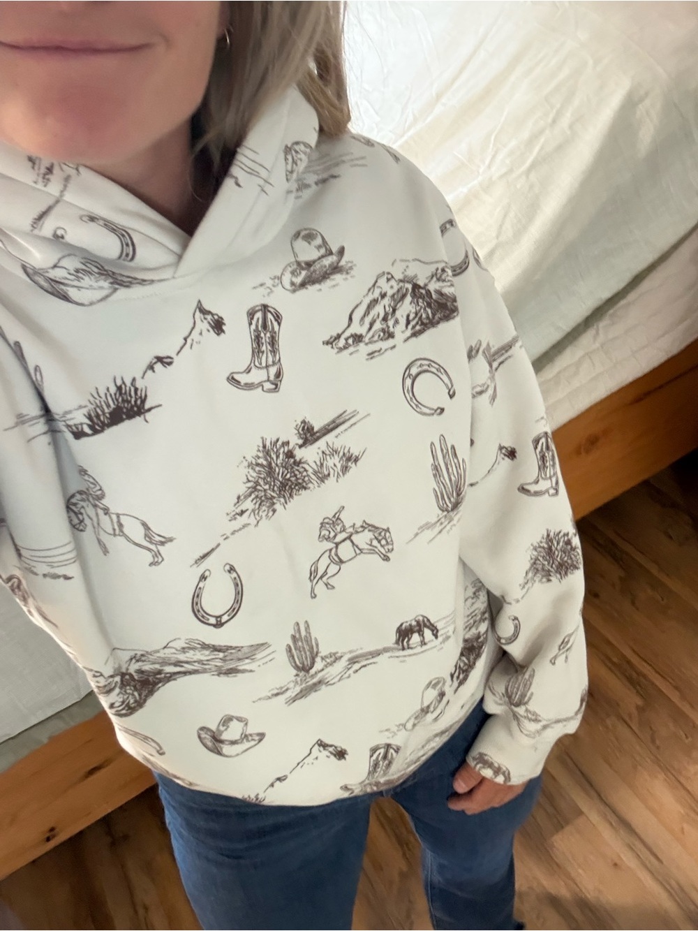 Abercrombie & Fitch White Hoodie with Brown Western Sketch Print